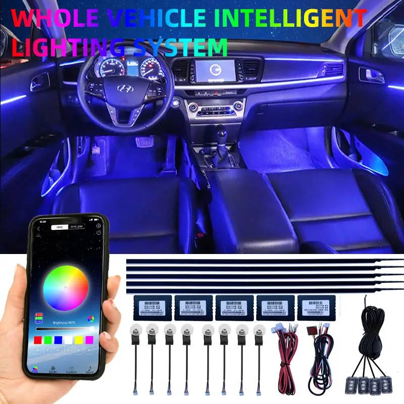18 w 1 LED Samochodowe oświetlenie otoczenia Wewnętrzna taśma akrylowa LED RGB 64-kolorowa prowadnica światła Światłowodowa dekoracja Lampa atmosferyczna