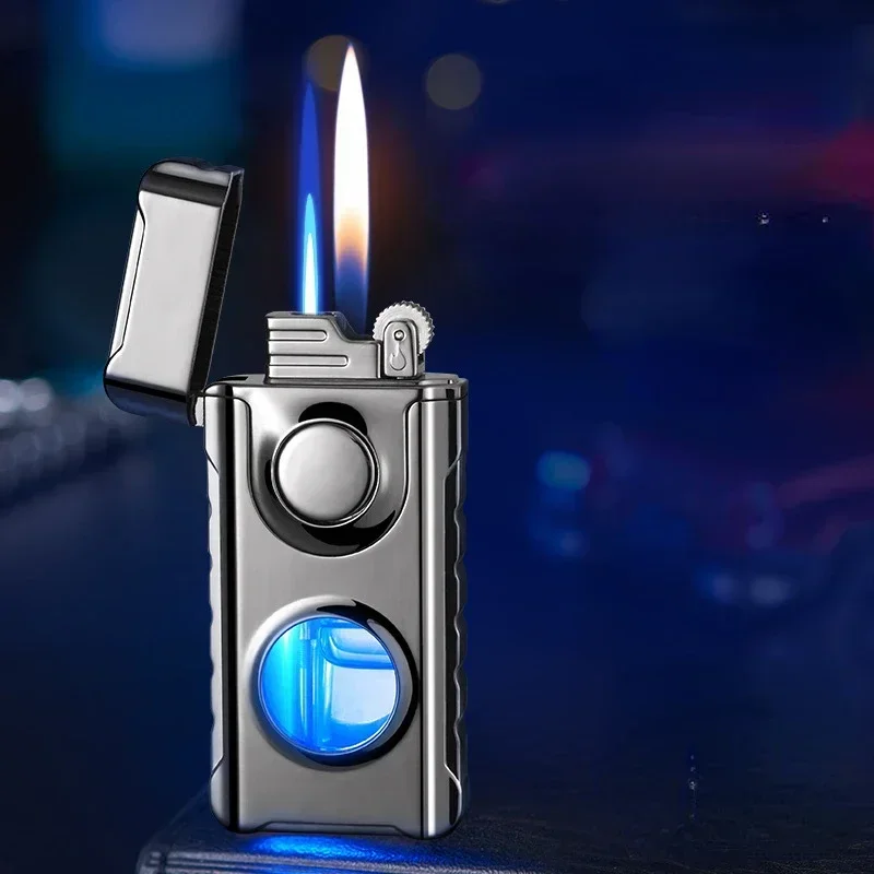 Double Tube Lighters Flash Visible Gas Cigar Lighter Windproof Flint Gas Lighter Jet Gadgets for Men Cigarette Accessories