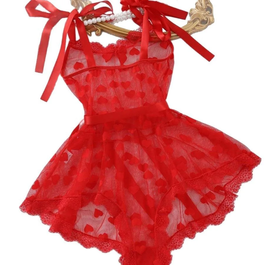 Set da donna europea e americana sexy con reggicalze in vita in pizzo a rete rossa cava, set da portare gratuitamente