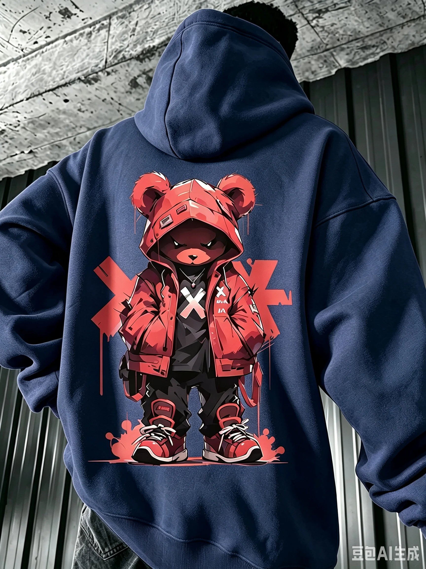 Herren-Hoodie mit Schwarzer OG-Bären-Grafik, Rotem X-Design und Drip-Effekt, Streetwear-Pullover für Urbane Mode – Detail 5