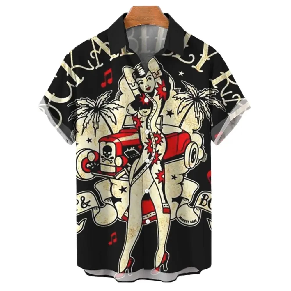 3d Vintage Hawaiian Shirts For Men Hip Hop Rocker Printed Rockabilly Fashion Shirt Short Sleeve Top Summer Oversized Male Blouse