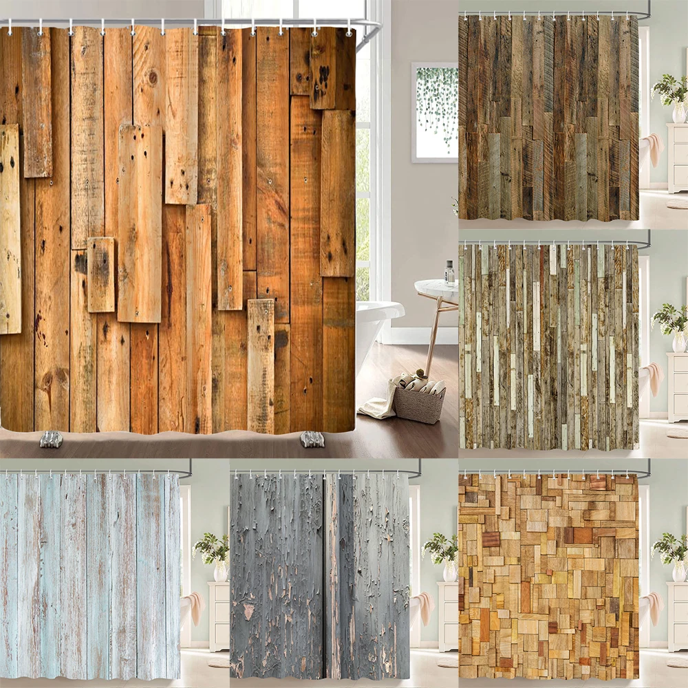 

Old Wood Grain Shower Curtain Fabric Bathroom Curtains European Retro Waterproof Polyester Decoration Bath Screen With 12 Hooks