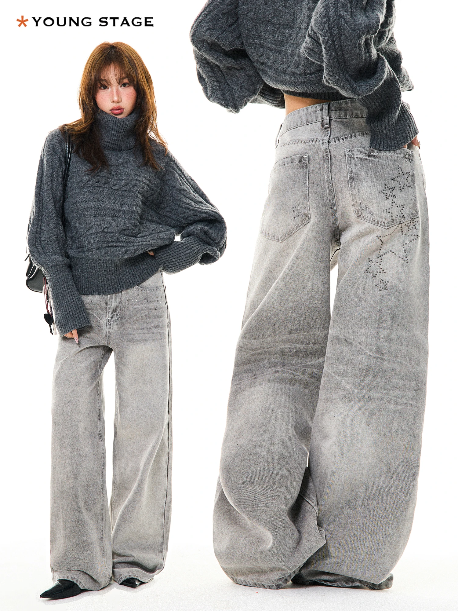 

Джинсы Young Stage American Waed Star с изогнутым кроем и стразами, женские, свободные, широкие, уличные, зимние, теплые