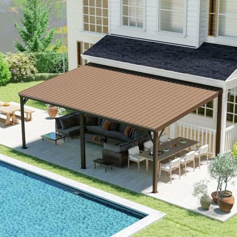 

Wall-mounted lean-to gazebo for deck/porch/backyard use, galvanized steel roof, gray, built-in drainage system