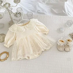 0-2 Y 2024 Autumn Baby Bodysuits Sweet Lace Peter Pan Collar Girls Bodysuit Mesh Princess Dress Infant One Piece Girls Clothes