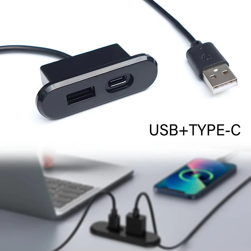 Toma de corriente oculta para mesas de oficina y dormitorio: 1 USB-A, 1 tipo C, cable de extensión de 1,2 m