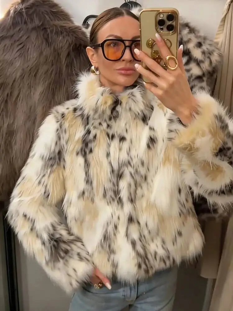 

Зимние пальто 2026 года с пушистым искусственным мехом и животным принтом для женщин: шикарные, теплые, с воротником-стойкой, уличные, с длинными рукавами, верхняя одежда
