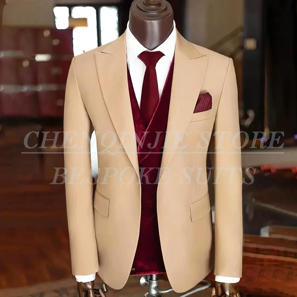 

Tailor Made Suits for Men Wedding Slim Fit Blazer Luxury Jacket Pants With Velvet Waistcoat Vest High Quality 3 Piece Outfits
