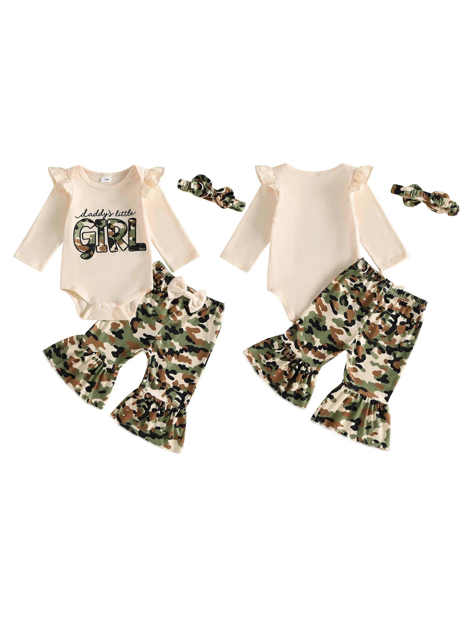 Baby Girl Fall Bell Bell Bottom Outfit Long Sleeve Long-Sleeve-Romper Bottom Headband Fall Outfit Long Camo Bell Lightweight