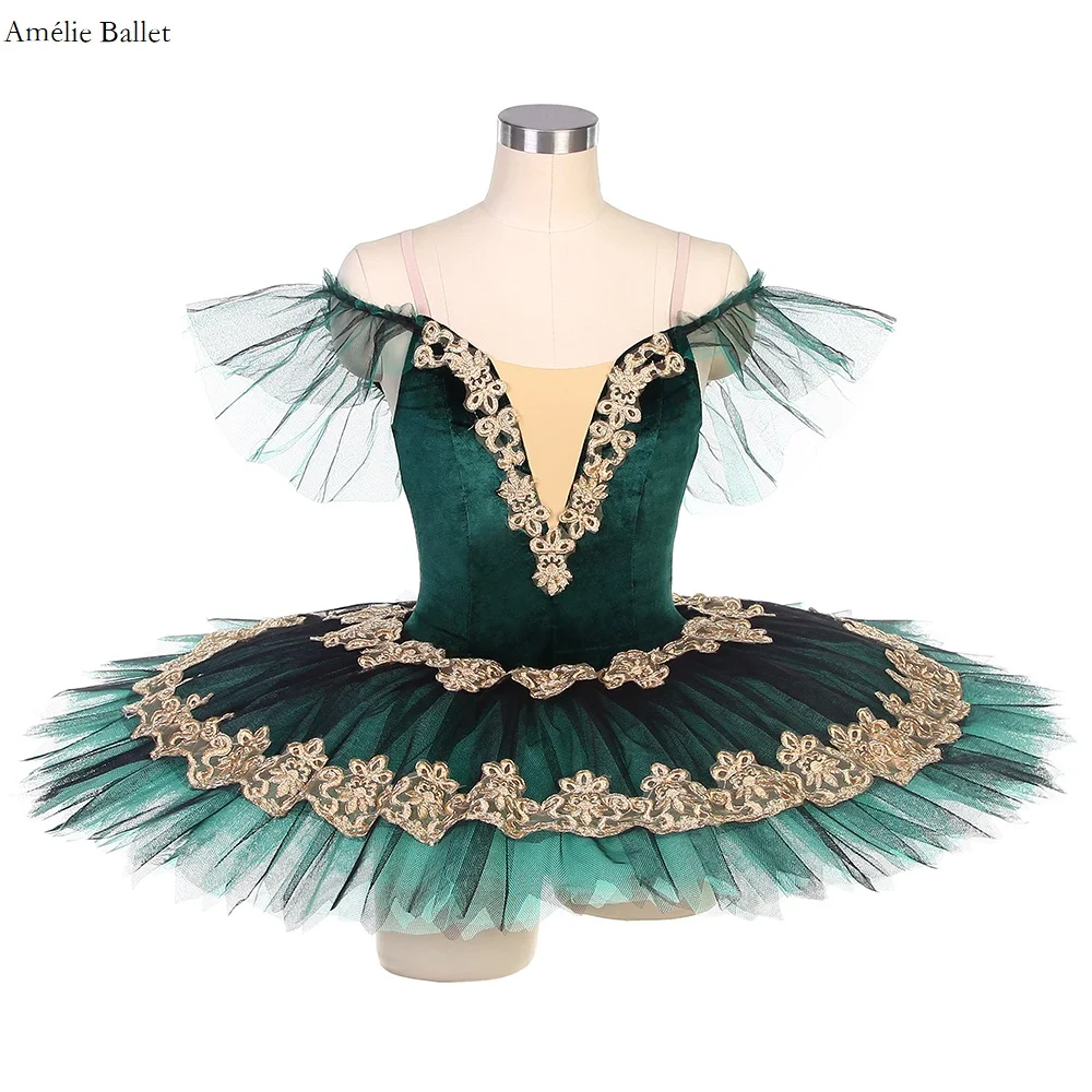 BLL483 Adult Girls Off Shoulder Green Stretch Velvet Bodice with Gold Sequin Applique Pre-professional Ballet Tutu Pancake Tutu