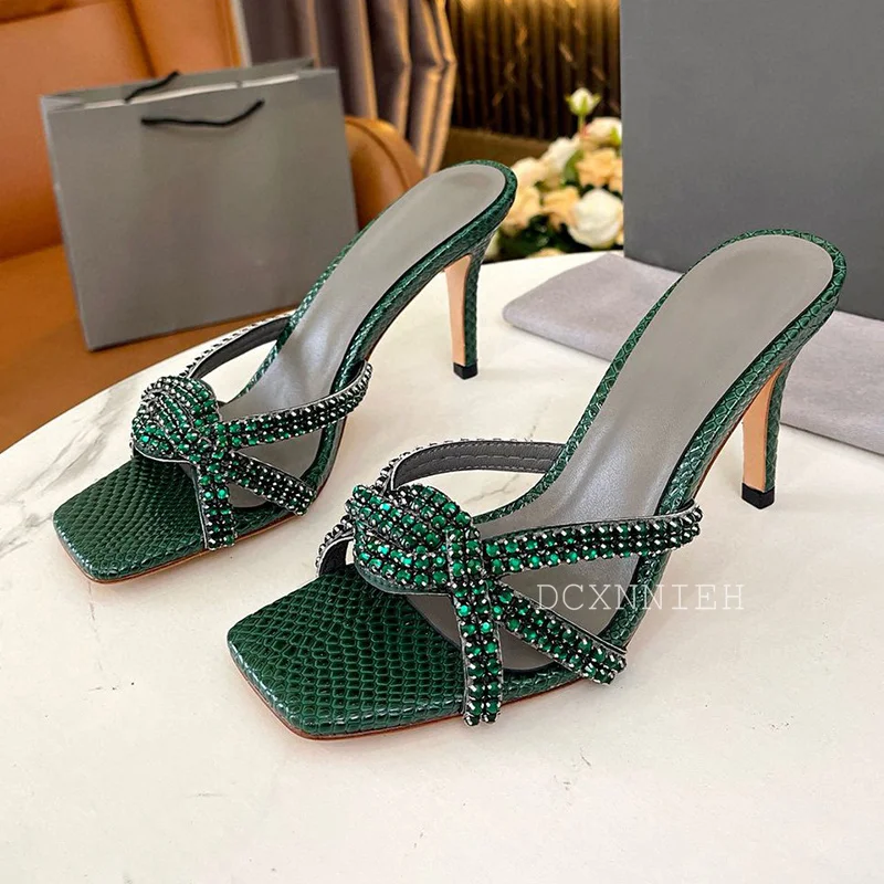 Luxury Rhinestone Thin high Heel Slippers Women Square Toe Cross Band Shiny Crystal Sandals Summer Sexy Party Dress Shoes 2024