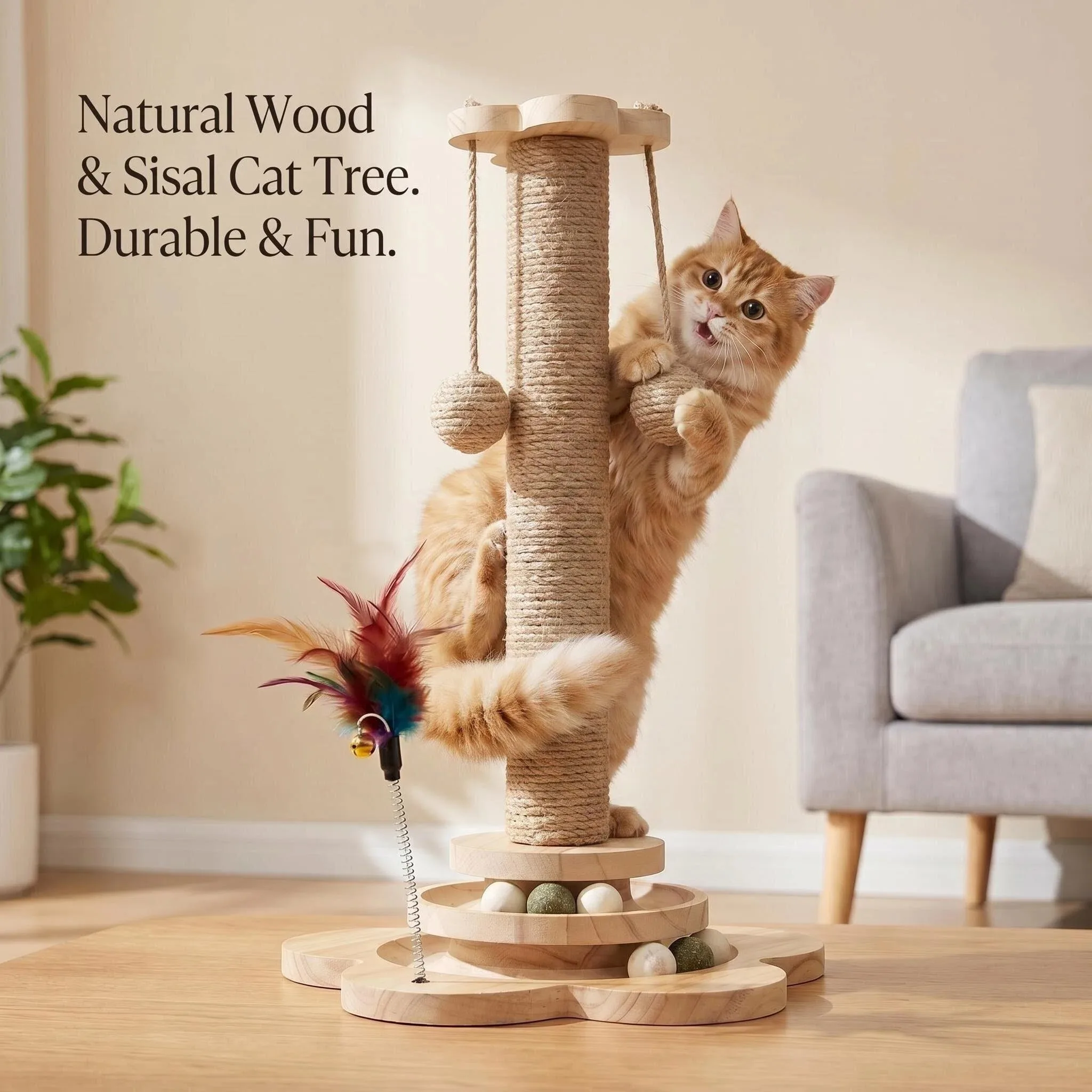 

Nature Wood Cat Scratcher Board Pet Play Tree Rotating Platform Wooden Fiber Chew Toy Durable Non Sisal Ball Cat Stand Tree