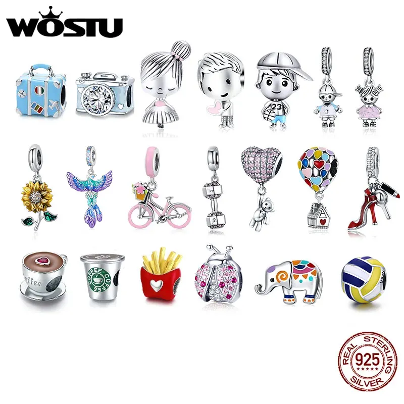 WOSTU 925 Sterling Silver Women Boy Girls Pet Camera Bee Charm Coffee Ladybug Beads Fit DIY Original Bracelet Pendants Jewelry