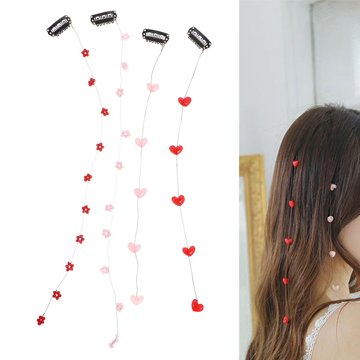 

4 Pcs Hippie Flower Braid Hairpin Chain Barrettes for Women Clips Girls Long Ponytail Decor Fashion Wedding