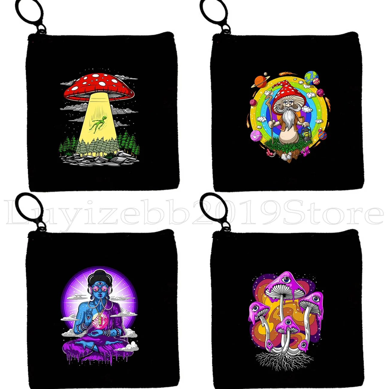 

Forest Magic Psychedelic Aliens Stoners Hippie Skull Mushroom Space Astronaut Canvas Coin Purse Key Case Bag Wallet Zipper Pouch