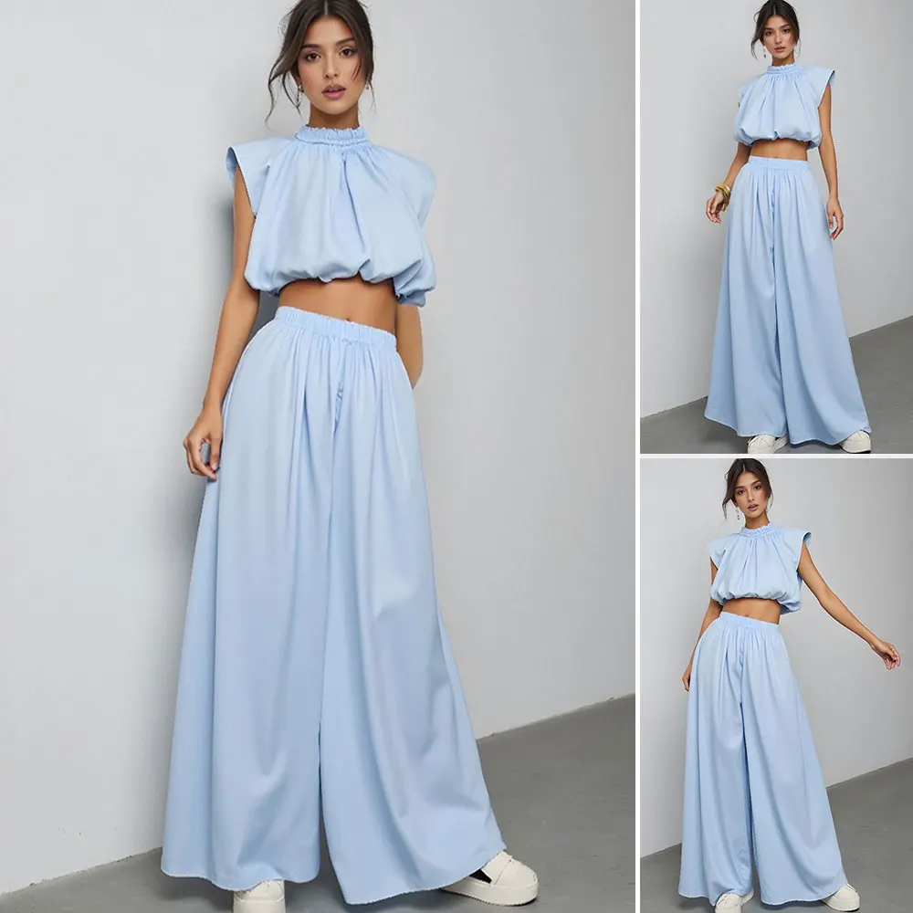 Mia Muse Boutique طاقم الرقبة اقتصاص عالية الخصر واسعة الساق مجموعات يومية للنساء لائق K-Fashion بلون طيات تحلق كم