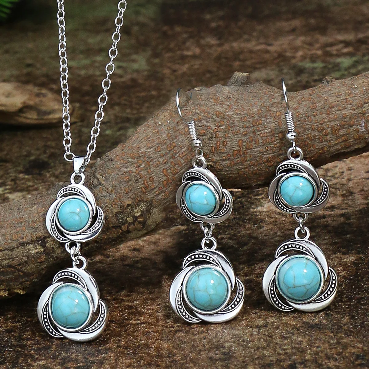 Vintage Natural Stone Necklace Earrings Bracelet Set For Women Ethnic Beads Necklaces Wedding Party Jewelry Sets Pendientes