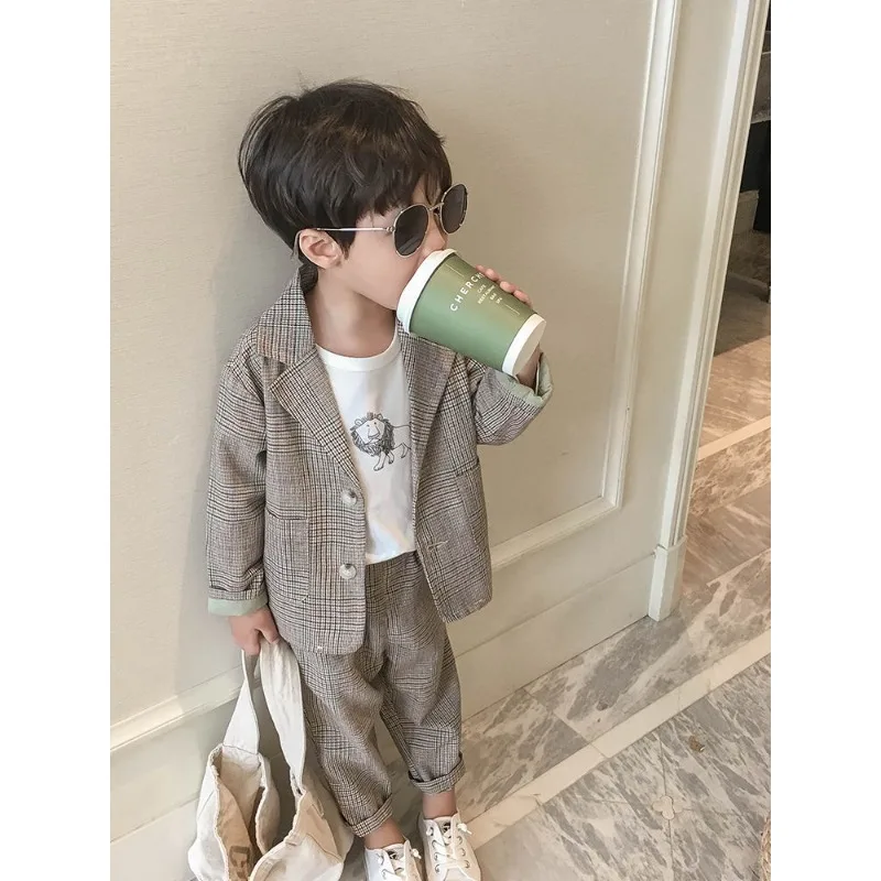 Plaid Formal wear Thin Outerwear Spring Autumn children\'s clothing Suit Kids Clothes Boys V-Neck Tops + pants 2 piece set