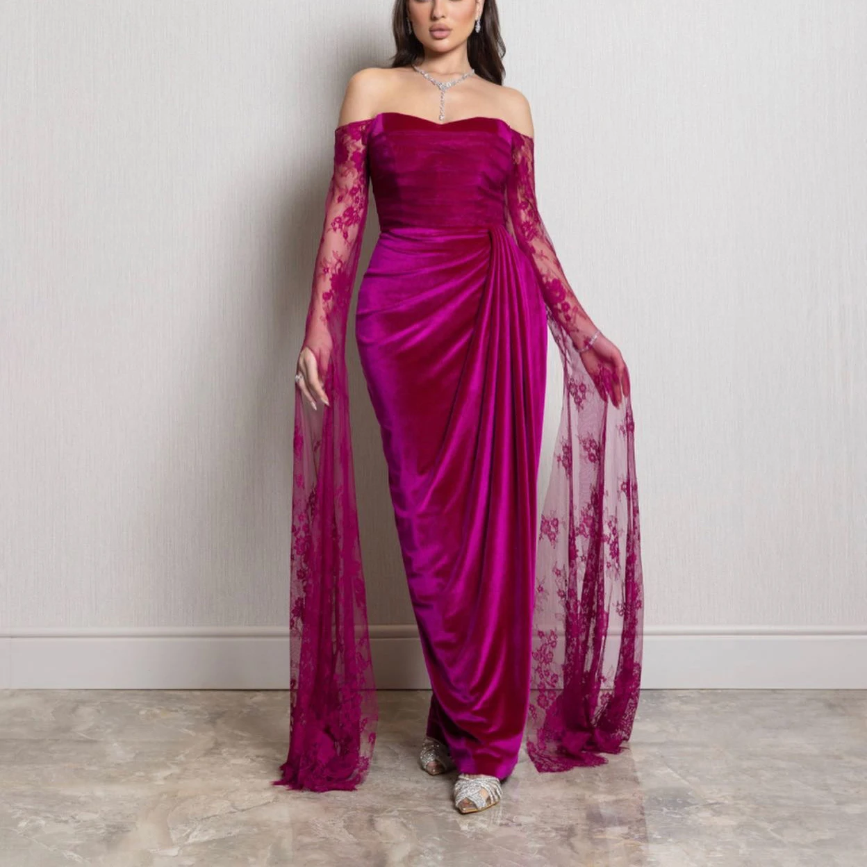 

Elegant velvet Long Sleeves Evening Dresses Lace Off the Shoulder Dubai Prom Dresses Floor Length special occasion dresses
