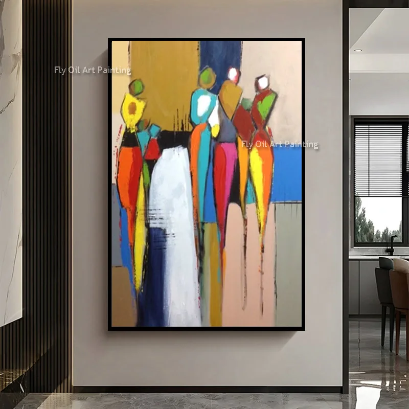 Abstract Figure Hand Painted Oil Painting Vivid Multicolor Block Character Canvas Wall Art Decor Cultural Inspired Hanging Piece