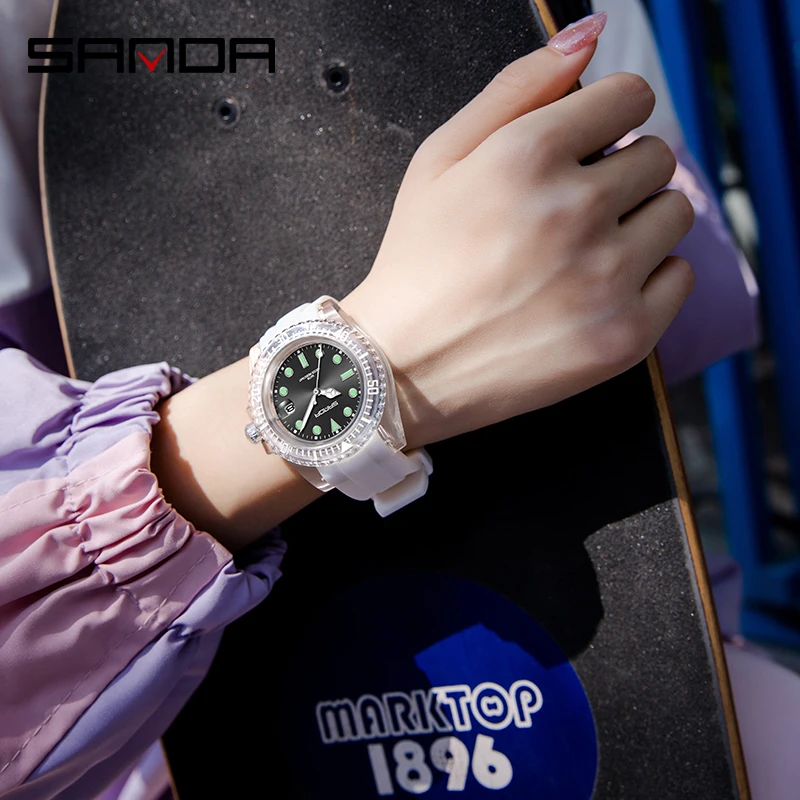 SANDA New Quartz Watch Casual Fashion Womens Watches Simple Calendar Display 30M Waterproof Silicone Strap Luminous Clock 9007