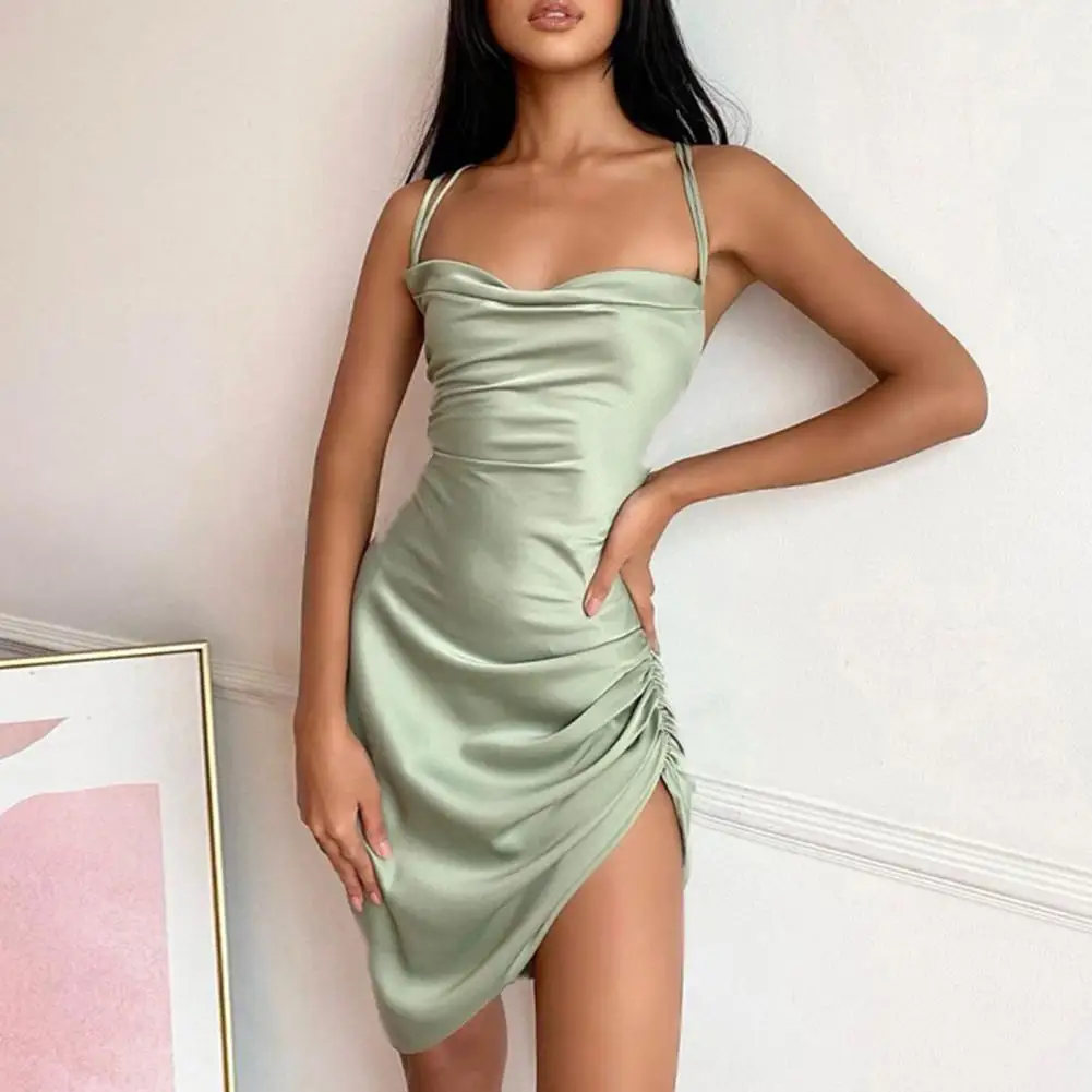 

Satin Dress Spaghetti Strap Shirring Irregular Hem Backless Sling Mini Dress Streetwear Party Elegant 2022 Club vestidos