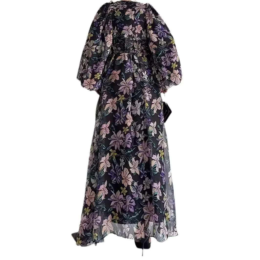 Women Chiffon Muslim Fashion Abaya Big Puff Sleeve Islamic Floral Printed Abaya Dubai Luxury Turkey Islam Clothes Kaftan Robe