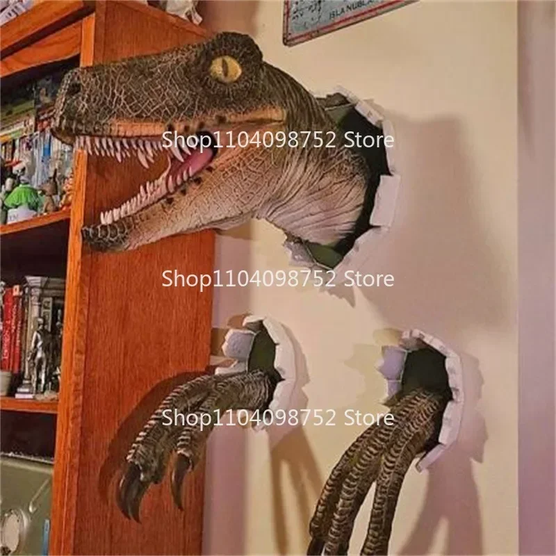 Hot Wall Mounted Dinosaur Sculpture Mounted Resin Dinosaur Decor Prop Bursting Hanging Dinosaur Head with Claws Home Decor