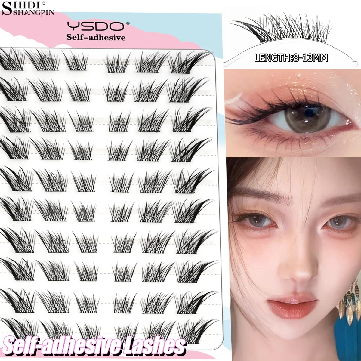 自己粘着式DIYつけまつげクラスター、接着剤不要、フェイクシル、フォックスアイ、ナチュラル、ソフト、ウィングド、韓国風つけまつげ、メイクアップ、簡単装着