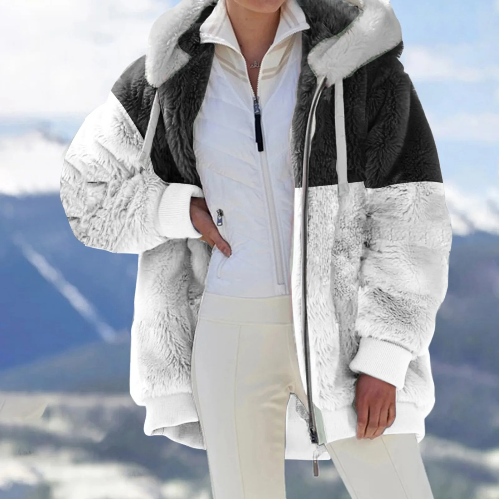 Women Winter Coat Warm Patchwork Zipper Pocket Striped Hooded Faux Fur Long Sleeves Cardigan Furry Warm Fleece Jacket Outerwear