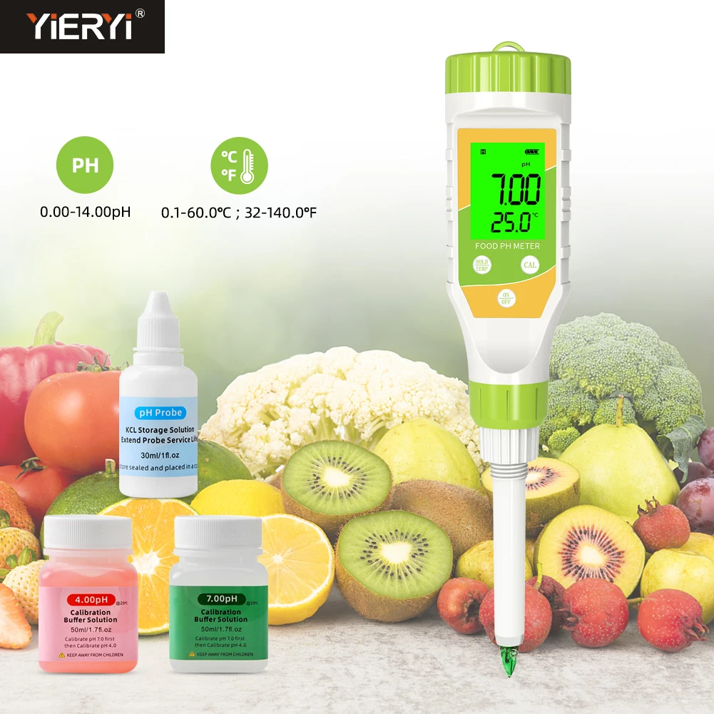 Medidor de PH de alimentos, Kit de Calibración Digital LCD ATC, probador de acidez de temperatura a prueba de agua para frutas, verduras, masa,