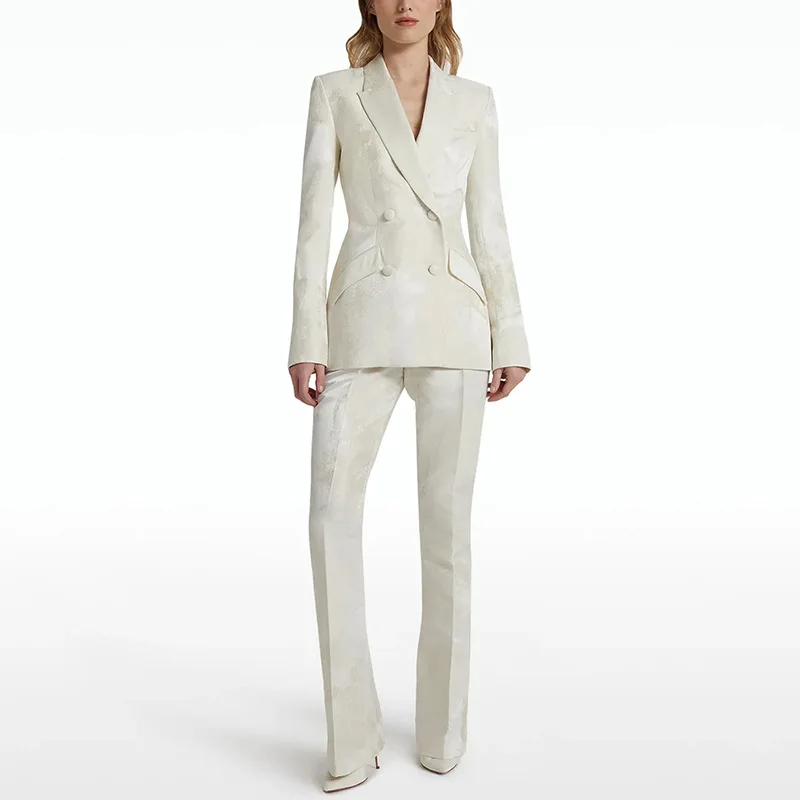 

2025 Fashion New Style Solid Color Elegant Jacquard Double-breasted Suit Jacket Long Suit Two-piece Suit