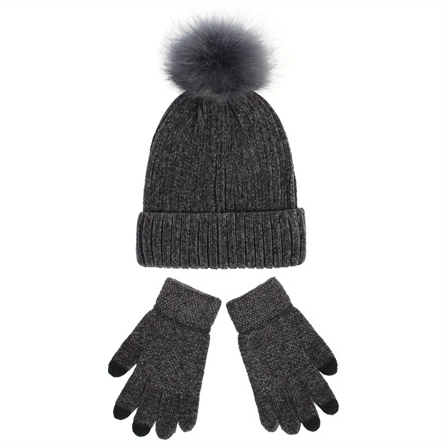 Chenille Knit Hat And Gloves Set Pom Pom Design Thickened Warm Winter Accessories For Women Girls Autumn Fashion