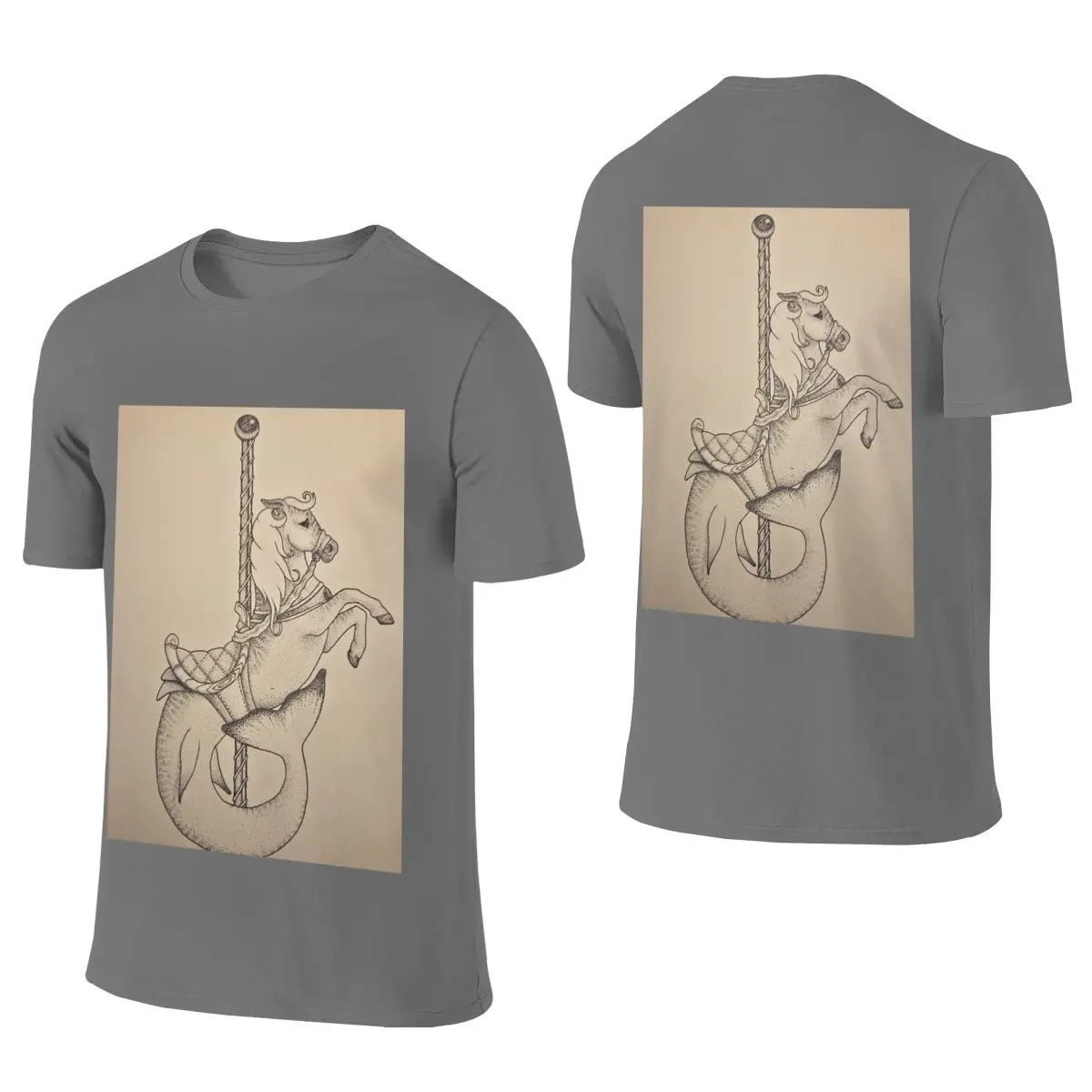 Sea Carousel Horse - Fantasy Ink Illustration Long Style Reversible T-shirt Casual Youthful Feeling Heat Transfer Short Sleeve