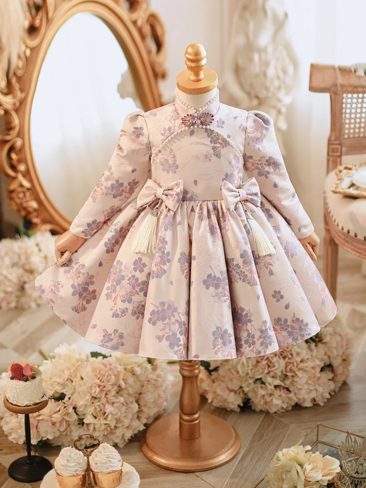 Baby Girls Long Sleeve Evening Princess Ball Gown Kids Cute Bow Beading Design Birthday Party Wedding Boutique Dresses y1127