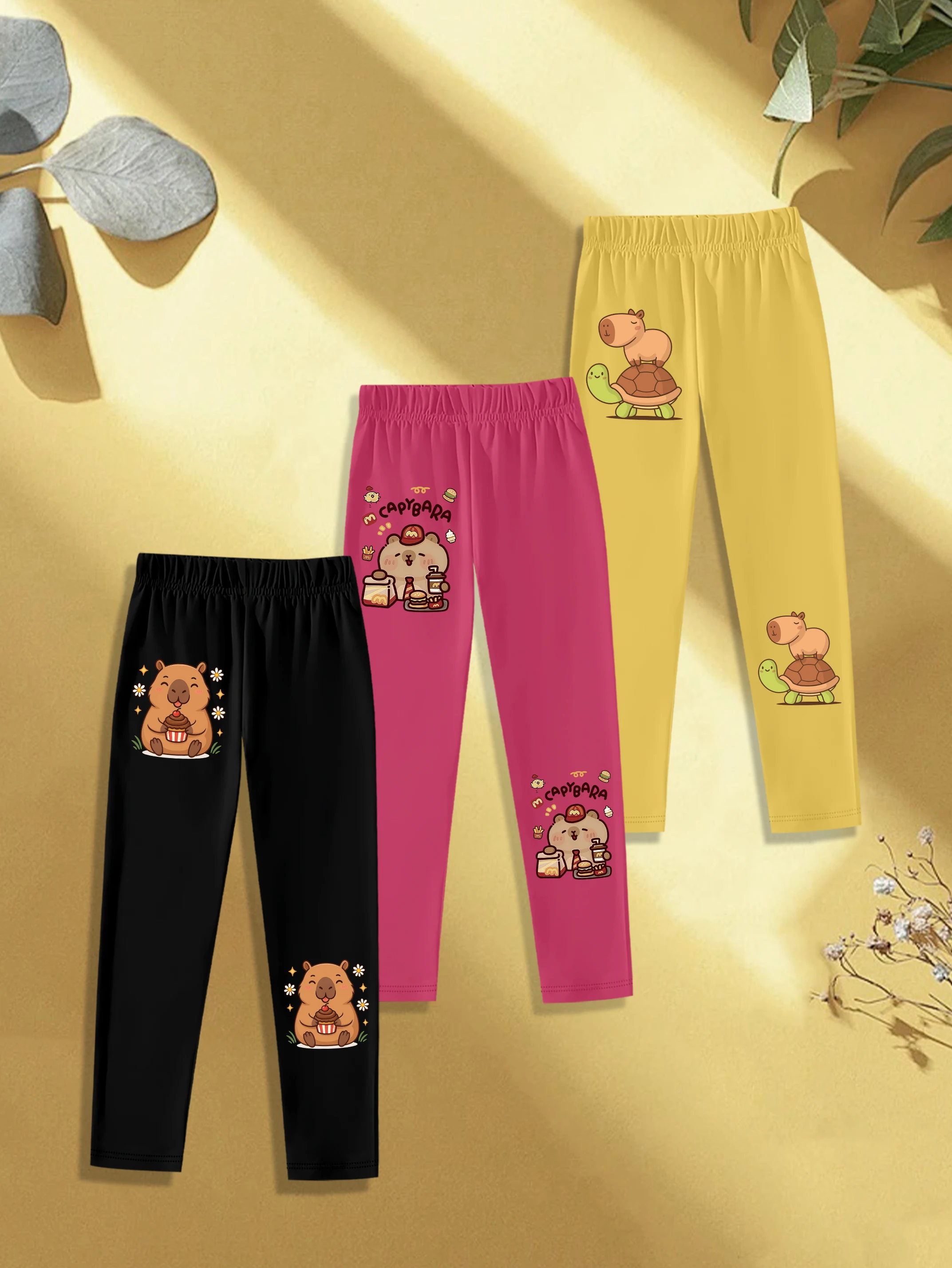 

3 предмета: Осенние леггинсы для девочек с милым принтом капибары, которая ест торт и бургер на черепахе, милые брюки.