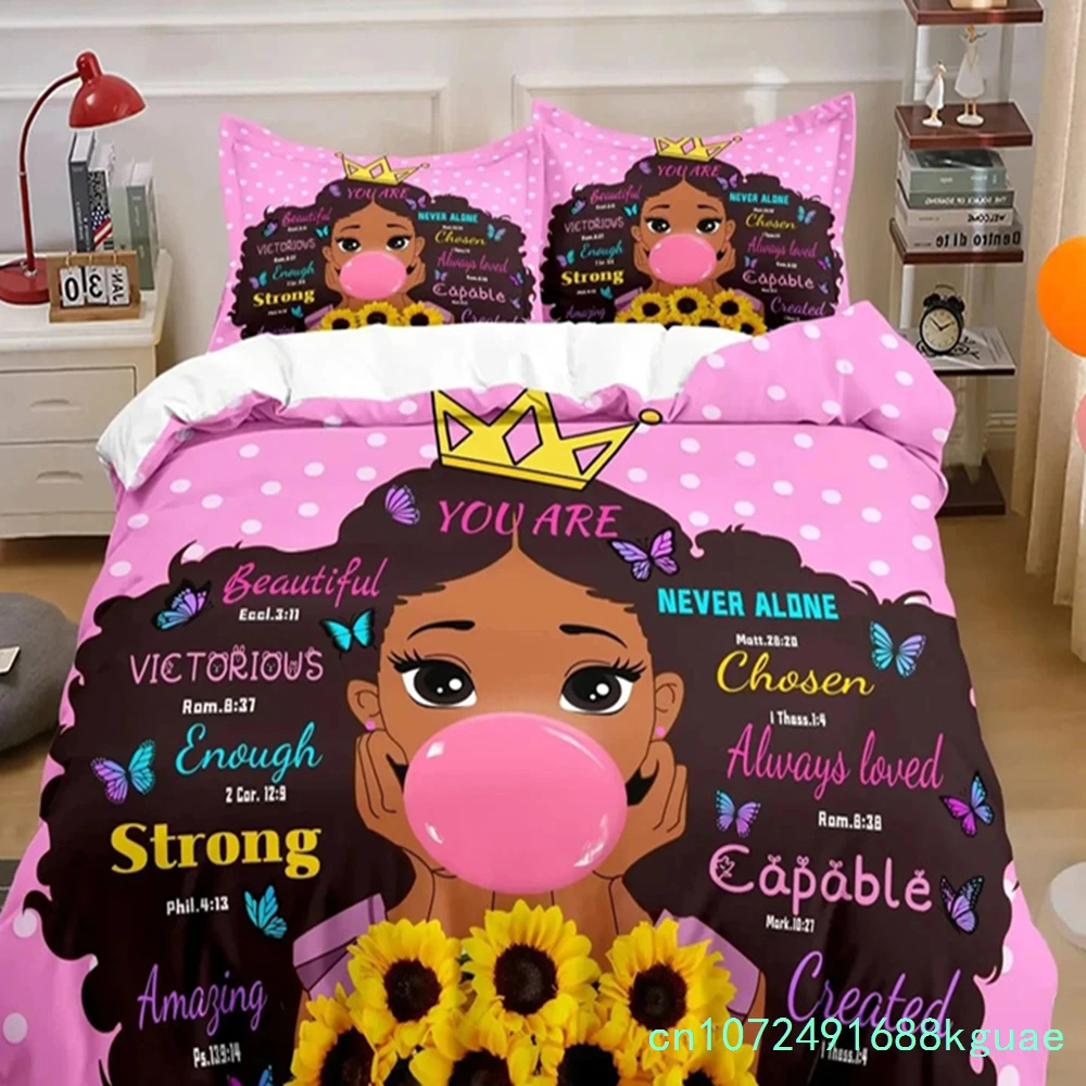 American Black Girl Duvet Cover Set,Black Girl Magic Bedding Set Full Size,Cute Little Afro Black Princess Comforter Cover Sets