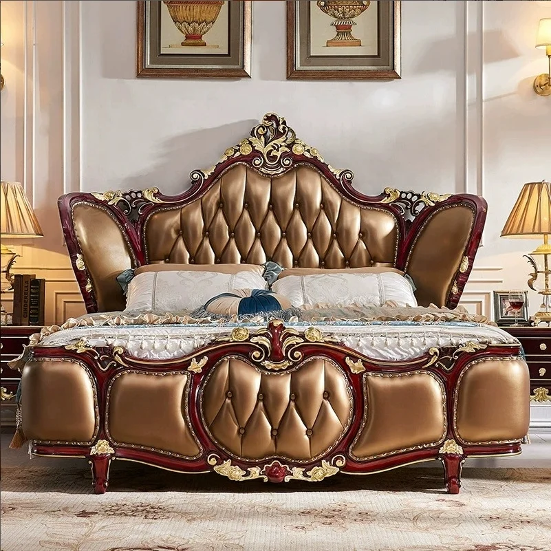 

#$King Size Bedroom Furniture Set - European Luxury Solid Wood Carved Leather Bed Set, High-Quality Home Hotel Luxury Decor