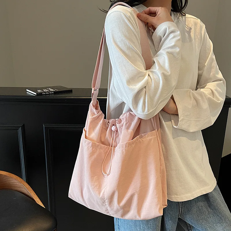 Custom Logo Drawstring Tote Bag Large Capacity Nylon Shoulder Lightweight Water-resistant Casual Crossbody Bag with Front Pocket