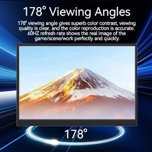 Display with 178° viewing angle, showcasing vibrant image of snow-capped mountain. Text highlights color contrast, viewing quality, and 60Hz refresh rate for gaming/work.
