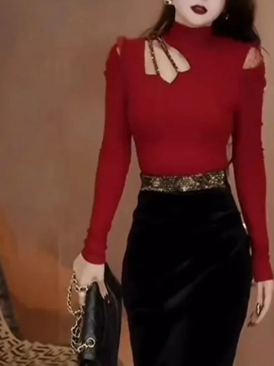 エレブラ ロングスリーブ ホローアウト スリムフィット Tシャツ レディース ハイカラー おしゃれ ベースシャツ トレンド 通勤に最適