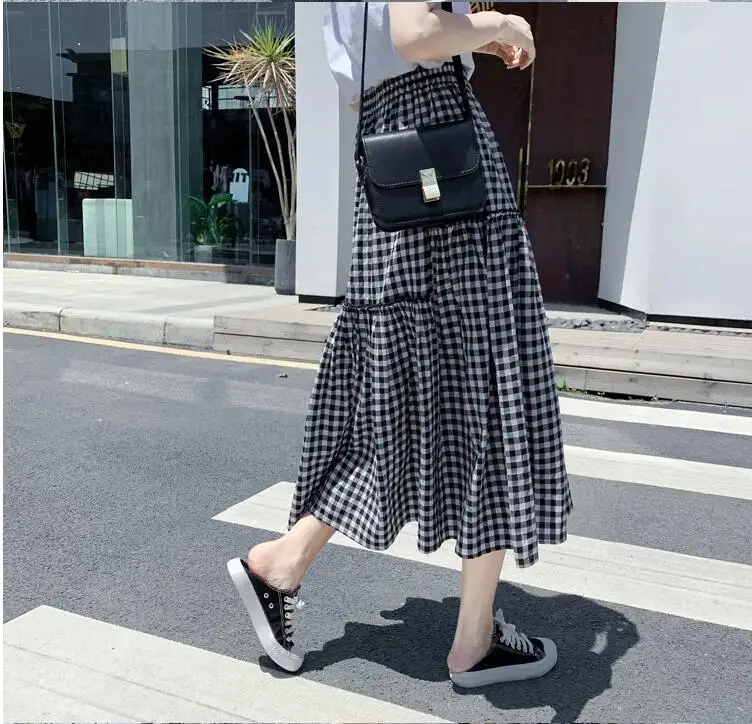 Gonne a pieghe scozzesi vintage estive Jurken Elastico a vita alta Midi Gonna lunga a trapezio Gonna stile preppy Harajuku da donna Skater
