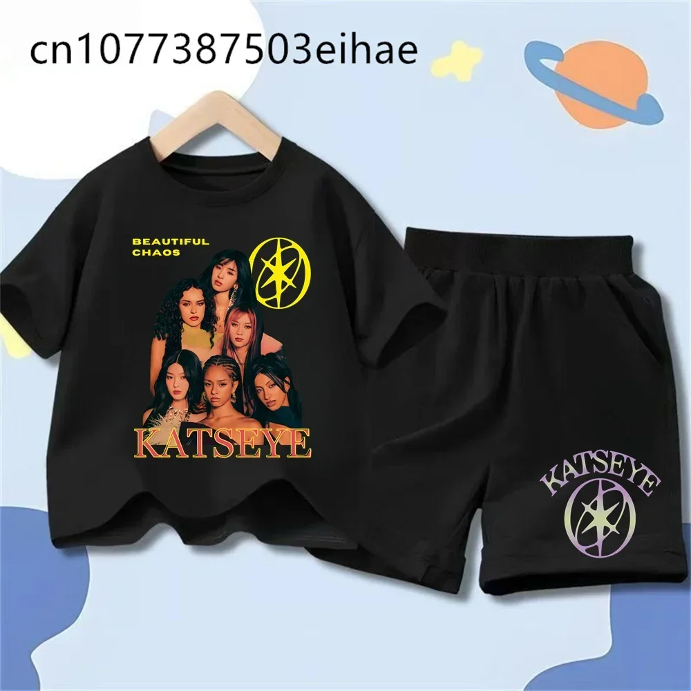Katseye Girl Group Printed T-shirts Children's Clothing Girls Boys Summer Round Neck Short Sleeve Tshirt+shorts Set Casual Tee