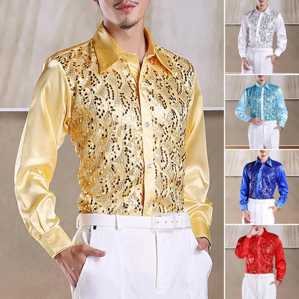 Men Long Sleeve Shirt Men's Luxury Sequins Performance Shirt for Wedding Stage Formal Events Casual Wear Long Sleeve Slim Fit