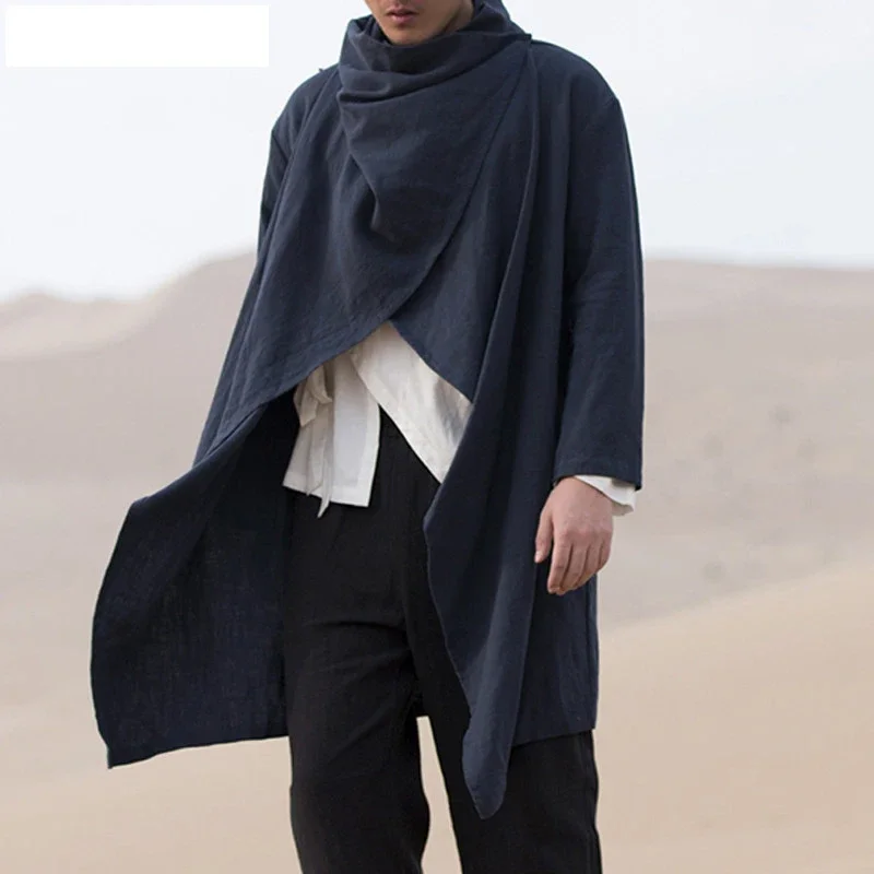 

Men's Retro Jackets Trench Windbreaker Casual Cotton Solid Color Scarf Collar Irregular Long Sleeve Cloak Loose Stylish New