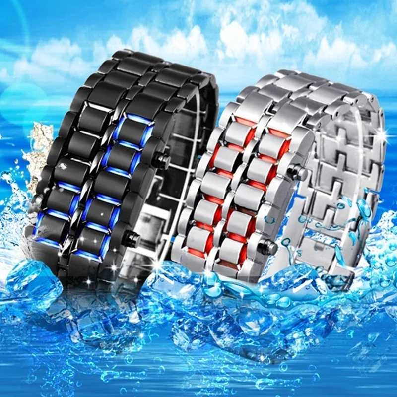 Men Sports Led Digital Watches Lava Iron Samurai Men\'s Watches Stainless Steel Band Electronic Wristwatches Reloj Hombre 2024