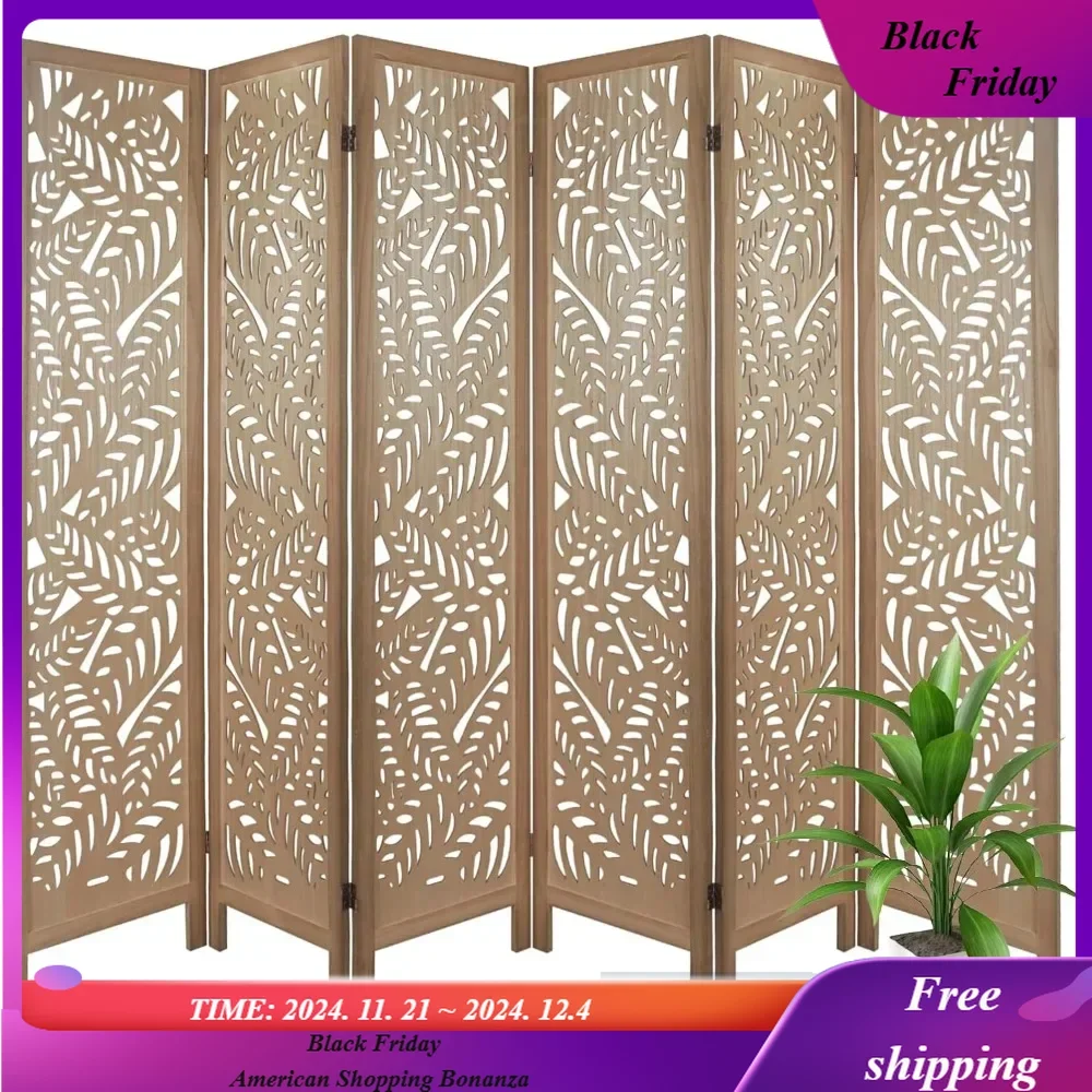 6 Panel Room Divider,Carved Wood Room Divider, Cut-Out Room Dividers and Folding Privacy Screens,Freestanding -Leaf Pattern