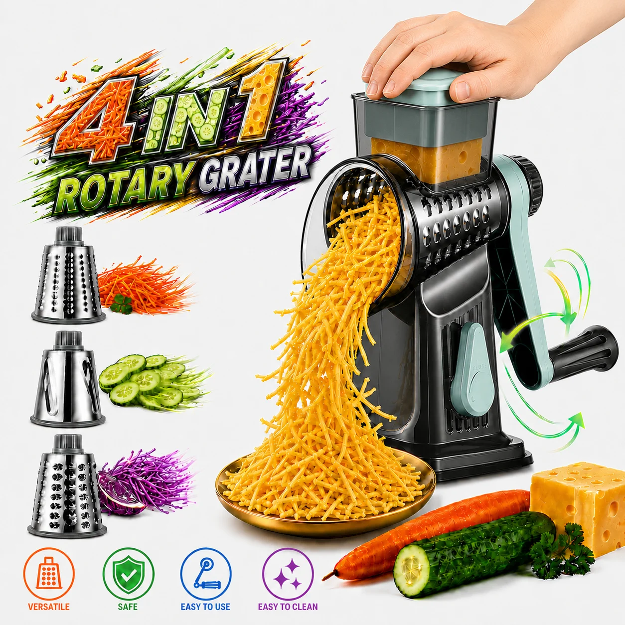 3 In 1 Rotary Cheese Grater Manual Vegetable Slicer With 3 Interchangeable Blades Multifunctional Food Chopper Kitchen Gadget