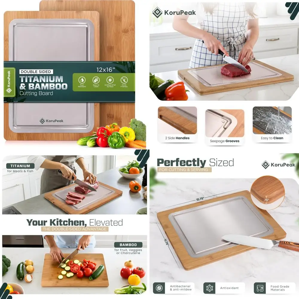 

Large Pure Titanium and Bamboo Kitchen Cutting Board - 16" x 12" with Dual Functionality