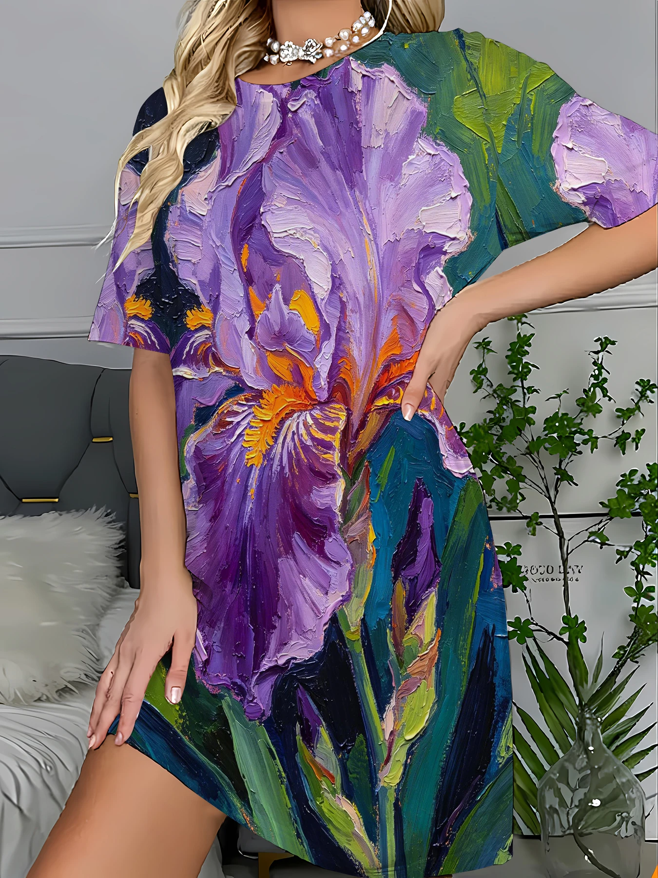 

Boho Print Long Sleep T-Shirt Dress Women Vintage Summer Nightgown Loose Fit